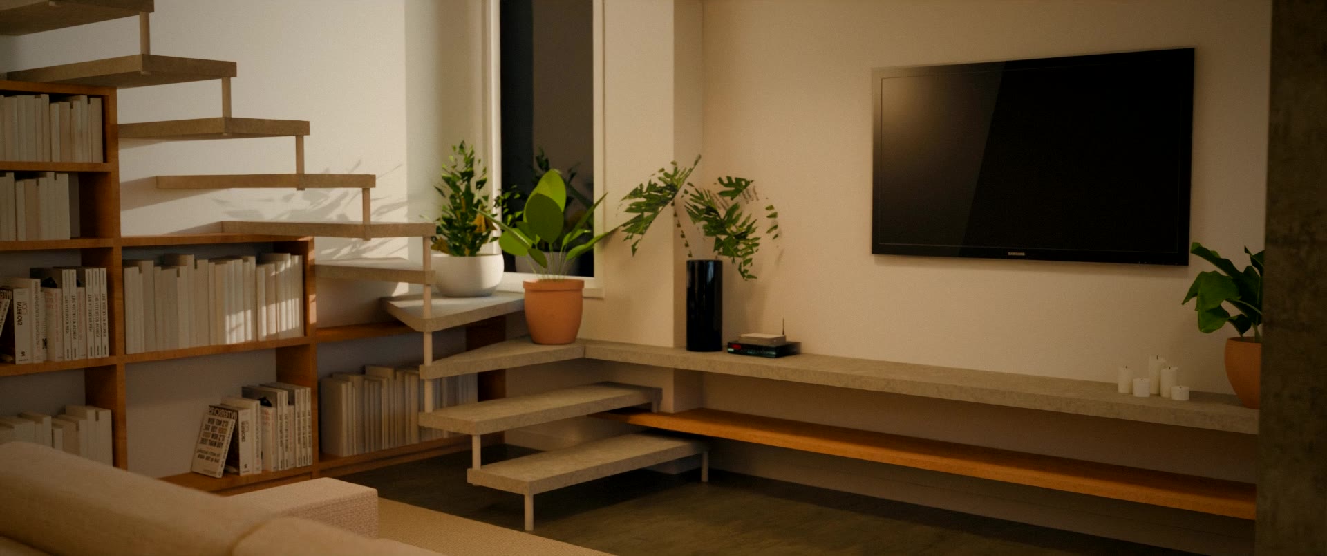 Sala da Casa Borogodó em render: escada flutuante de concreto, estante de madeira com livros, plantas e TV na parede, à luz do fim de tarde.